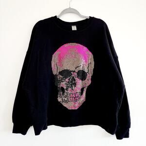 Expressed Society Black Silver & Pink Rhinestone Skull Sweatshirt Size Large